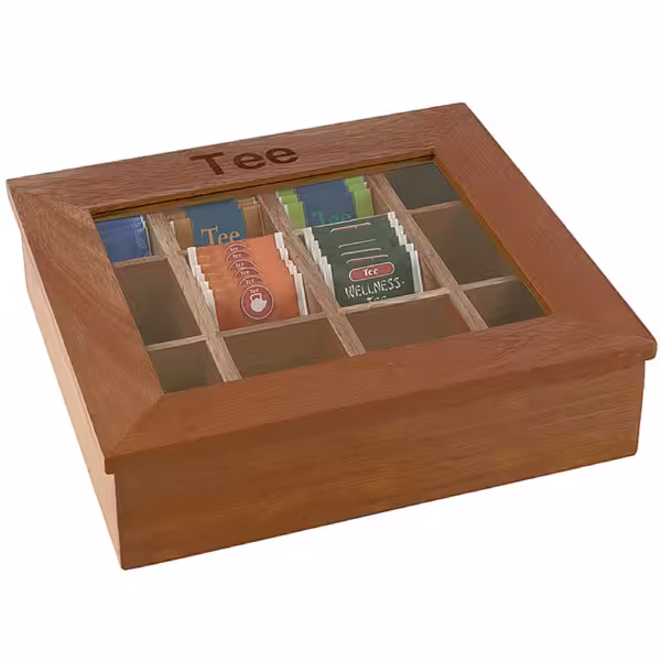 Téibox – Holz – 12 Fächer – mat Auskuckfenster & Gravur – donkelbrong
