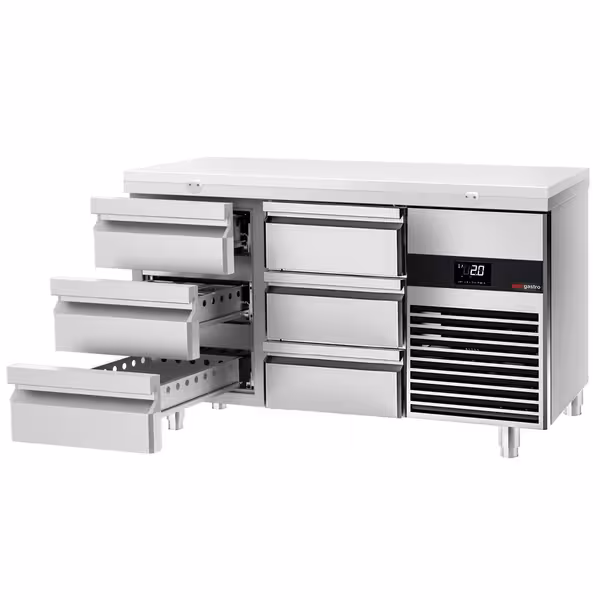 Aukstuma galds PREMIUM - 1400x700 mm - 281 l - balta - ar 6 atvilktnēm - iesk. griešanas dēli balta