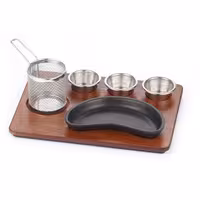 (6 pcs) Sizzle Platter Set - 6-piece set - incl. wooden base, baskets & dip bowls - cast iron pan & stainless steel accessories - 350x260mm - oval
