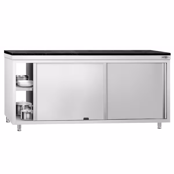 Rozsdamentes acél munkaszekrény PREMIUM – 2000x700 mm – átadóablakkal – gránit munkalapmal