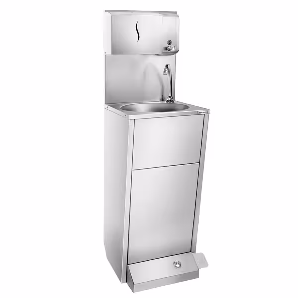 Chiuvetă de spălat mâinile / Stație de spălare – oțel inoxidabil – cu comandă cu piciorul, distribuitor de hârtie și săpun