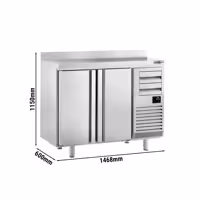 Stół chłodniczy barowy do napojów Premium PLUS – 1470 x 600 mm – z 2 drzwiami, 2 szufladami i rantem