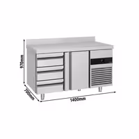 Commercial Counter Fridge PREMIUM - 1400x700mm - with 1 door - 3 drawers - with upstand - capacity 281 litres