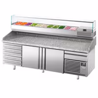 Table réfrigérée à pizza Premium PLUS - 2305x800 mm - avec 2 portes & 7 tiroirs - incl. vitrine réfrigérée pour ingrédients - 11 bacs GN 1/4