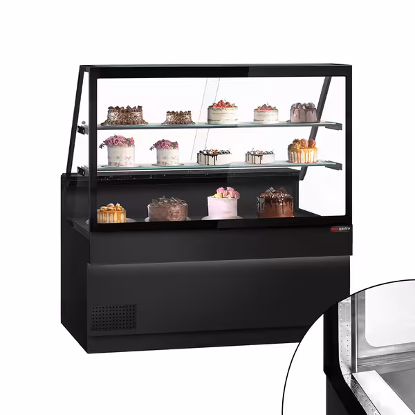 Hűtővitrin TORONTO - 1600x900 mm - 1500 liter - ventilációs - egyenes frontüveges - fekete - dupla üvegezés - 2 polccal - gránit munkalap