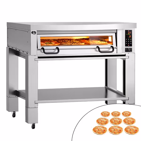 Electric Deck Pizza Oven Power - Single Deck - Refractory Stone Deck - 9 x Ø 34cm (13") - Digital Controls - up to 450°C - incl. Stainless steel hood & Base frame