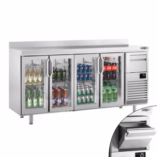 Stół chłodniczy barowy do napojów Premium PLUS – 2450 x 600 mm – z 4 drzwiami szklanymi, rantem i odbijakiem do kawy