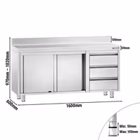 خزانة قاعدية ستانلس ستيل PREMIUM - 1600x600mm - مع أبواب منزلقة ووحدة أدراج 3 يمين - مع حاجز خلفي