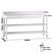 طاولة عمل ستانلس ستيل PREMIUM - 1800x600mm - مع رف سفلي & حاجز خلفي & رف وسطي & تدعيم