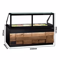 Saladette refrigerata professionale TORONTO - 2550mm - rivestimento frontale in legno - 4 porte - con vetrina in vetro dritto per 6x GN 1/1, 1 ripiano - piano di lavoro in granito