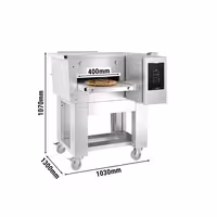 Gas Conveyor Pizza Oven - 1030x1300mm (40.6"x51.2") - 230V Single Phase - Touchscreen Controls - Belt width: 400mm (15.7") - for Ø 30cm (11.8") pizza - incl. Base frame - with Wheels