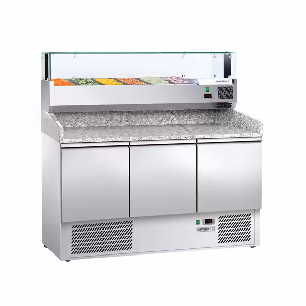Commercial Pizza Prep Counter - Granite Top ECO - 1400x700mm - with 3 doors - incl. refrigerated topping unit with glass sneeze guard LED - 6x GN 1/4