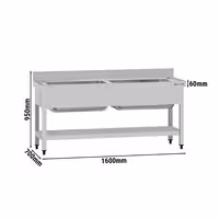 Grovdiskbänk i rostfritt stål ECO - 1600x700 mm - med underhylla - 2 hoar - extra djup ho - med stänkskydd