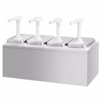 Dispenzer za umake - 4-dijelni (4 spremnika + 4 dozirne pumpe + postolje) - nehrđajući čelik 18/10, spremnici polipropilen (PP) - 4x 2 l - 480x215x325 mm - einstellbarer Dosierung - s spremnikom - uklj. postolje od nehrđajućeg čelika