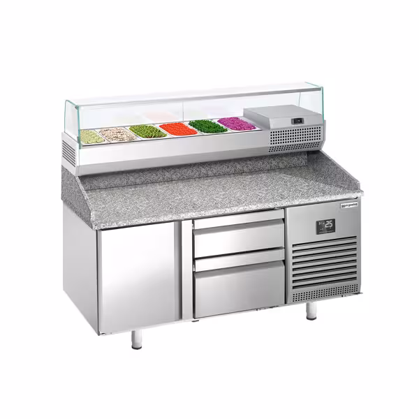 Profesionāls Picas galds PREMIUM PLUS - 1490x700 mm - ar 1 durvīm un 2 atvilktnēm - ar granīta darba virsmu - ar augšējo aukstuma vitrīnu - 6x GN 1/4