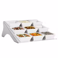 Açık Büfe Teşhir Standı - Paslanmaz Çelik & Melamin - köşeli - 335x340x115mm - dahil 9 Melamin Kase 90x90mm - 9 raf ile