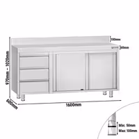 خزانة قاعدية ستانلس ستيل KOPENHAGEN ECO - 1600x600mm - أبواب منزلقة و وحدة أدراج 3 يسار - مع حاجز خلفي