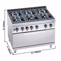 Plinski štednjak - Linija 900 - 1200x900x965 mm - 65,5 kW - 6 plamenika - samostojeći - s plinskom pećnicom statičnom - 12 kW