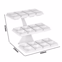 Etagere / Buffet Stand - Powder-coated stainless steel & melamine - White - square - Height: 420mm - incl. 24 Melamine bowls 100x100mm - with 3 shelves