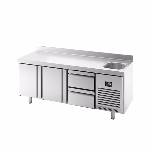 Mostrador refrigerado PREMIUM PLUS - 1960x700mm - de trabajo con fregadero (1 cubeta) - 2 puertas y 2 cajones - encimera con alzatrasera - 465l