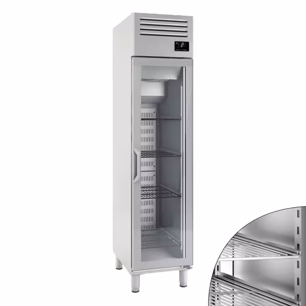 Szafa chłodnicza ze stali nierdzewnej PREMIUM PLUS - GN 1/1 - 325L - 482x695mm - 1 drzwi przeszklona - chłodzenie wentylowane; samozamykające drzwi