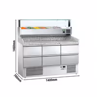 Commercial Pizza Prep Counter - Granite Top ECO - 1400x700mm - with 0 doors & 6 drawers 1/2 - incl. refrigerated topping unit with glass sneeze guard LED - 6x GN 1/4