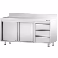 خزانة قاعدية ستانلس ستيل PREMIUM - 1600x600mm - مع أبواب منزلقة ووحدة أدراج 3 يمين - مع حاجز خلفي