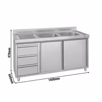 ECO ormarić za sudoper – 1400 x 600 mm – s 3 ladice i 2 sudopera na desnoj strani
