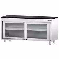 Rozsdamentes acél munkaszekrény PREMIUM – 1800x600 mm – üveges tolóajtóval – gránit munkalapmal
