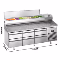 طاولة تحضير بيتزا مبردة PREMIUM PLUS - 1980x700 mm - مع 6 أدراج - سطح عمل جرانيت - شامل وحدة تبريد علوية - 9x GN 1/4