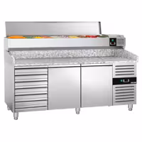 Stół chłodniczy do pizzy PREMIUM - 2025x800mm - z blatem granitowym - 2‑drzwiowy, 7 szuflad - z nadstawką chłodniczą z osłoną szklaną z oświetleniem LED - 9x GN 1/3