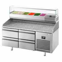 Table réfrigérée à pizza Premium PLUS - 1490x700 mm - avec 4 tiroirs - incl. vitrine réfrigérée - 6x GN 1/4