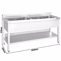 Grovdiskbänk i rostfritt stål PREMIUM - 2000x700 mm - med underhylla - 2 hoar - extra djup ho - med stänkskydd