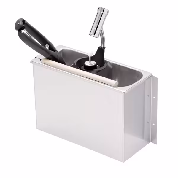 Dispozitiv clătire porționator înghețată - WATERSTOP - 270x112x180 mm - cu supapă antiretur & intrare apă 1/2” & montaj pe perete - incl. tavă sită & profil de scurgere & țeavă de preaplin & suport de picurare pentru porționator & supo