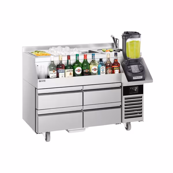 Stół chłodniczy barowy do koktajli i napojów – 1200 mm – 150 L – z 4 szufladami i gniazdem 230 V