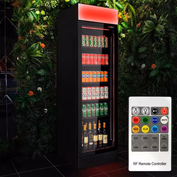 Vitrină frigorifică pentru băuturi – 345 litri – design fără ramă – cu 1 ușă din sticlă și iluminare LED colorată