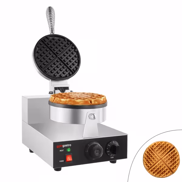 Waffle Makinesi - Tekli - Manuel Zamanlayıcılı - 1,3kW - Şekil: Yuvarlak - Ø 180mm - Sabit Plakalı - pişirme plakaları teflon kaplamalı