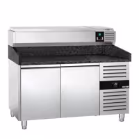 Stół chłodniczy do pizzy PREMIUM - 1500x800mm - z blatem granitowym - 2‑drzwiowy - z nadstawką chłodniczą - 7x GN 1/4