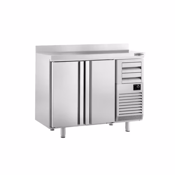 Stół chłodniczy barowy do napojów Premium PLUS – 1470 x 600 mm – z 2 drzwiami, 2 szufladami i rantem