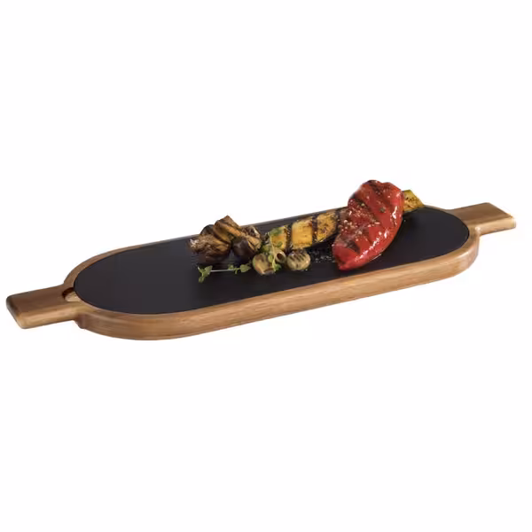 (6 pcs) Serving Board - FUSIONA - 2-piece set - incl. slate plate - acacia wood - 500x150mm - with handle