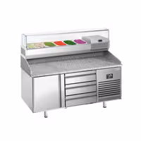 Table réfrigérée à pizza Premium PLUS - 1490x700 mm - avec 1 porte & 3 tiroirs - incl. vitrine réfrigérée - 6x GN 1/4