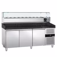 Table réfrigérée à pizza PREMIUM - 2000 x 800 mm - avec 3 portes - incl. vitrine réfrigérée - 9 x GN 1/3