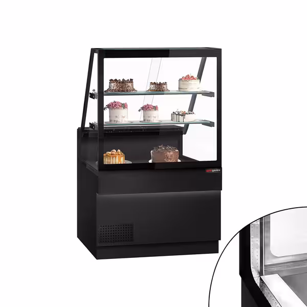 Hűtővitrin TORONTO - 1000x880 mm - 568 liter - ventilációs - dupla üvegezés - 2 polccal - fekete - fekete gránit munkalap