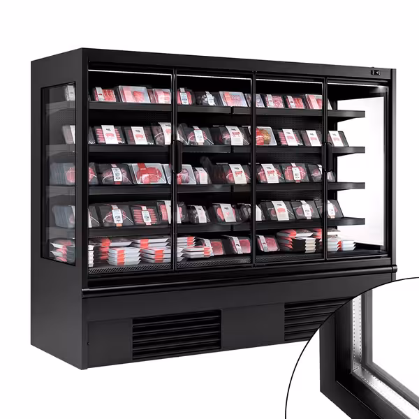 Supermarketi Klaasuksega külmriiul - 2580 mm - 1 605 l - koos 4 topeltklaasiga uksed & 4 riiulit - must
