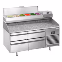 طاولة تحضير بيتزا مبردة PREMIUM PLUS - 1490x700 mm - 4 أدراج - سطح عمل جرانيت - شامل وحدة تبريد علوية - 6x GN 1/4