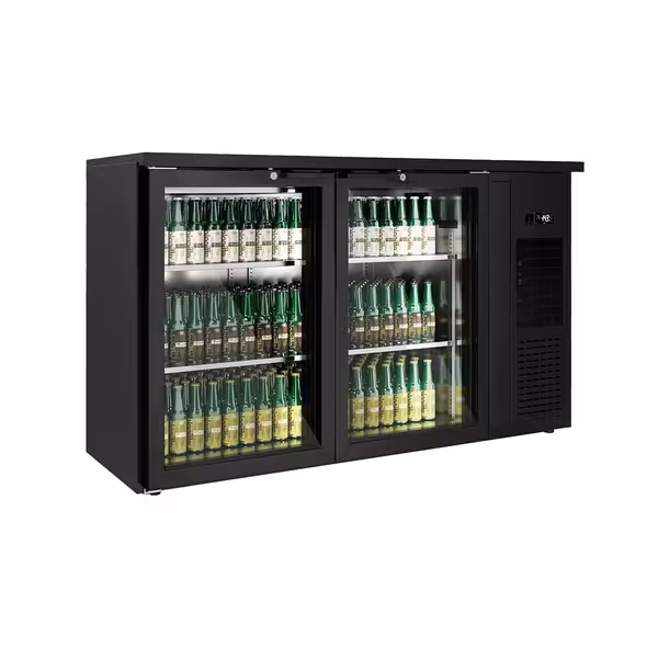 Rashladni pult za pića PREMIUM PLUS - 1435x512 mm - 264 l - 2 staklena vrata, LED osvjetljenje & samouzvarajuća vrata - crna