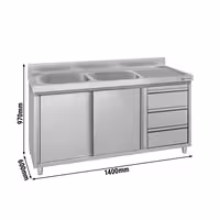 ECO umivaonik – 1400 x 600 mm – s 3 ladice i 2 sudopere na lijevoj strani