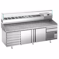 Table réfrigérée à pizza Premium PLUS - 2305 x 800 mm - avec 2 portes & 7 tiroirs - incl. vitrine réfrigérée de présentation - 10x GN 1/3