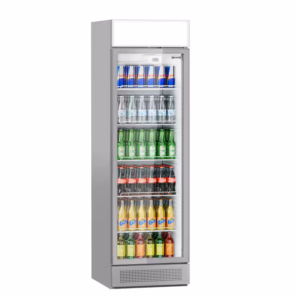 Vitrină frigorifică pentru băuturi - 595 mm - 358 litri - ușă panoramică fără ramă - 1 ușă din sticlă batantă & panou promoțional - afișaj digital - temperatură +1/+10 °C