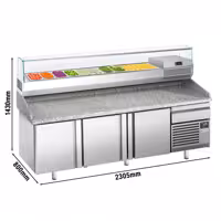 Stół chłodniczy do pizzy Premium PLUS – 2305 x 800 mm – z 3 drzwiami i 1 szufladą – wraz z witryną chłodniczą – 10 pojemników GN 1/3